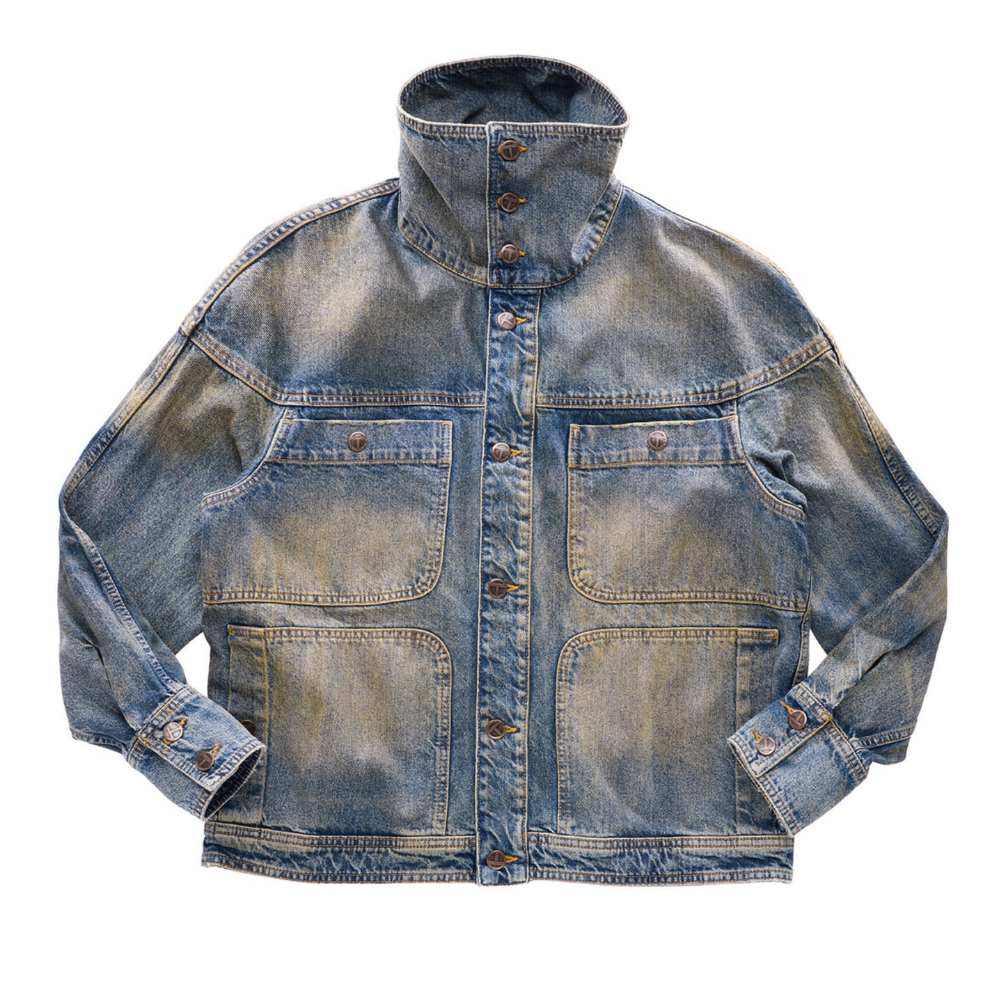 Dirty High Collar Jean Jacket - Blue
