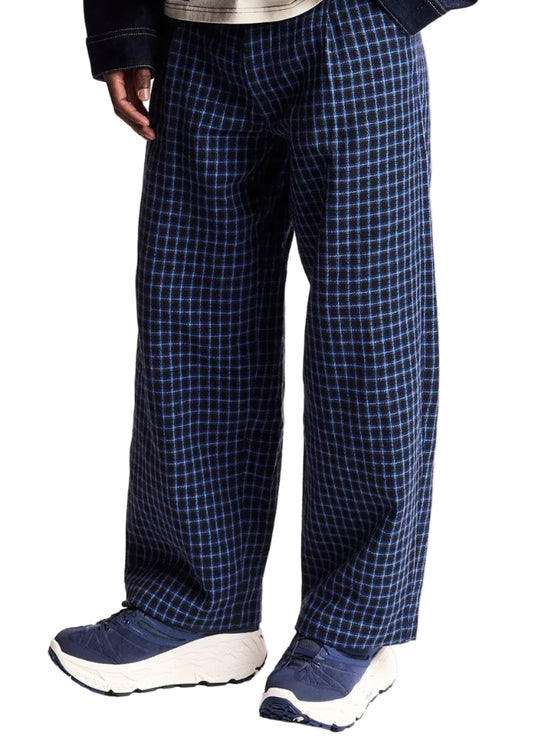 Wide Leg Pleated Trouser - Navy Check